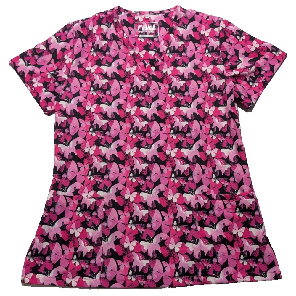 Revel Premium Stretch‎ Pink Butterfly AOP - Women Medium Scrub Top EUC